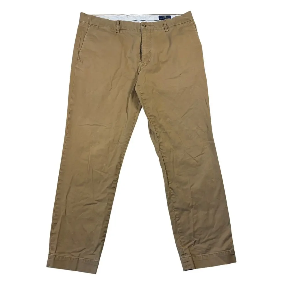 Polo Ralph Lauren Chino Pants Mens 36 x 30 Tan Stretch Slim Fit Flat Front Twill
